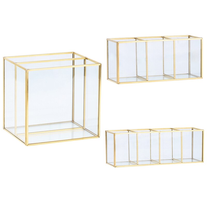 Nordic Gold Grid Gl Flip Storage Tank Box Luxury Modern Cosmetics Storage Box Container Micro-Landscape Flower Room