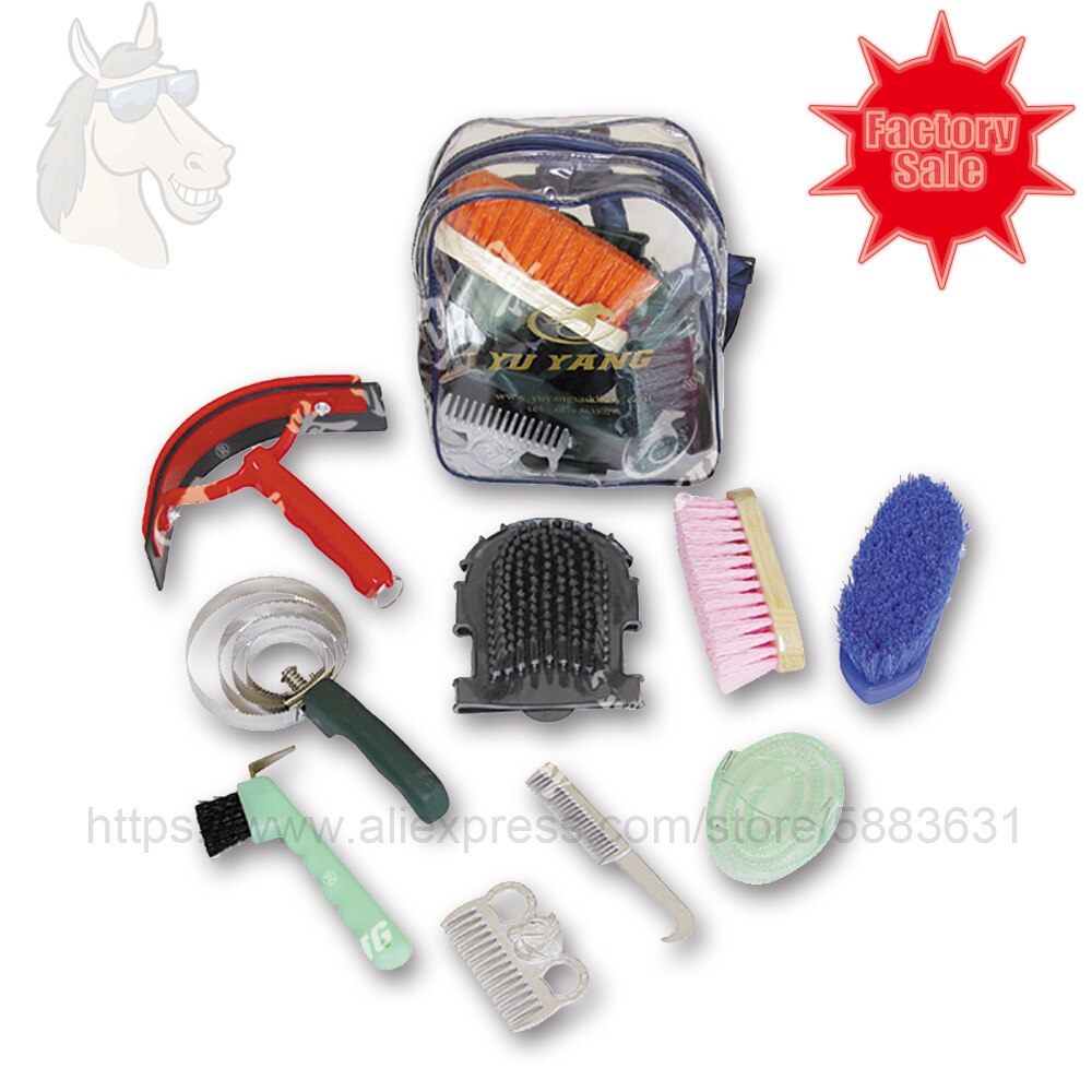 77 9006 Grooming Kit Backpack 9 Pieces Cleaning Kits Supplied in Clear PVC Bag 22x8x27.5cm Brushes Combs Sweat Scraper Hoof Pick