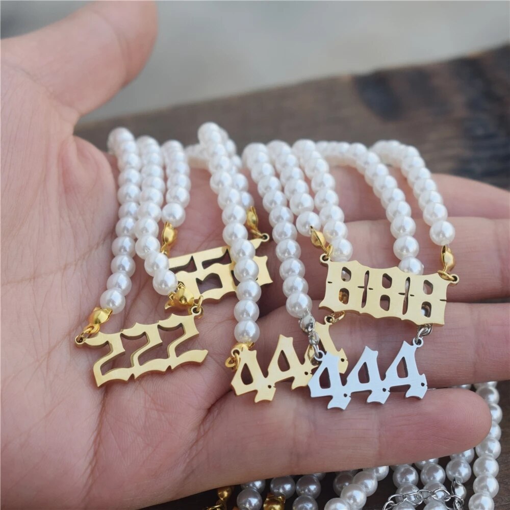 Angel Number Necklaces 111 222 333 444 Imitation Pearl Neckcklace Choker Necklace 888 999 666 Stainless Steel Minimalist Jewelry