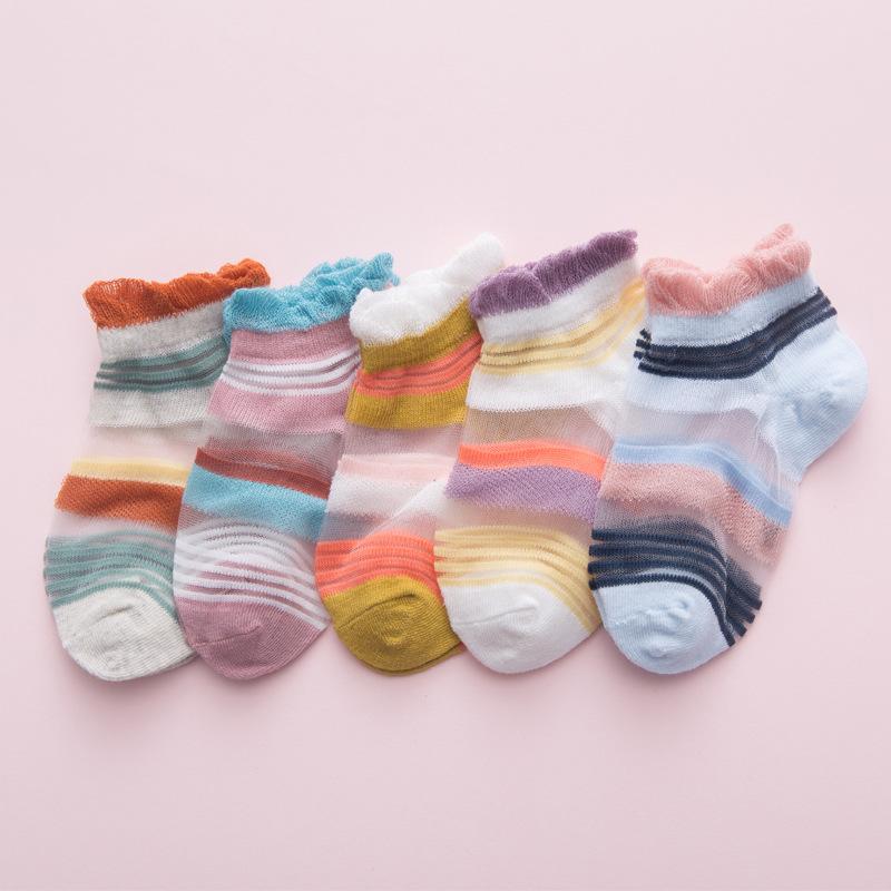 5 paires de chaussettes d'été pour bébé fille, chaussettes courtes en maille, couleur bonbon, à rayures, à pois, fines, confortables et respirantes: 1 / S 1-3Y
