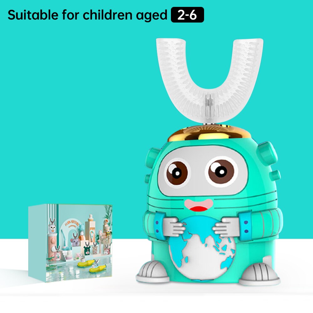 Smart 360 Degress U Sonic Electric Toothbrush Kids Silicone Automatic Ultrasonic Tooth Brush Children Blue Light Teeth Brush: Astronaut Green 2-6