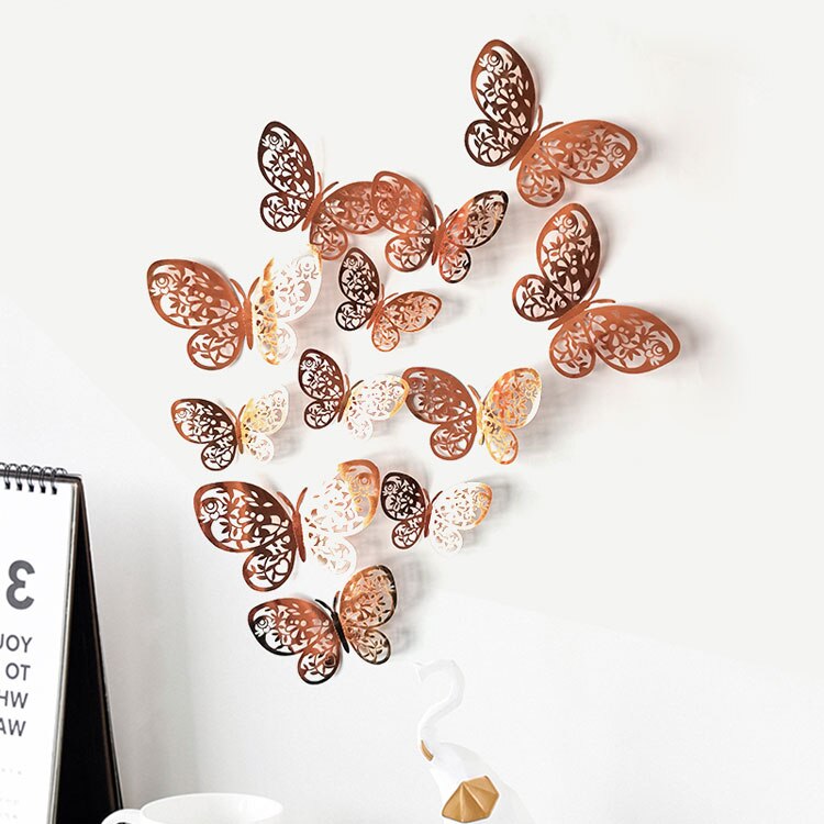 12pcs/set 3D Hollow Butterflies Wall Sticker for Home decoration Living room bedroom for Party Wedding decor Butterfly stickers: Rose gold I