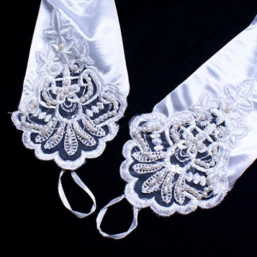 Paar Hochzeit Kleid Abend Abendkleid Satin- Lange Braut Finger Handschuhe Weiß