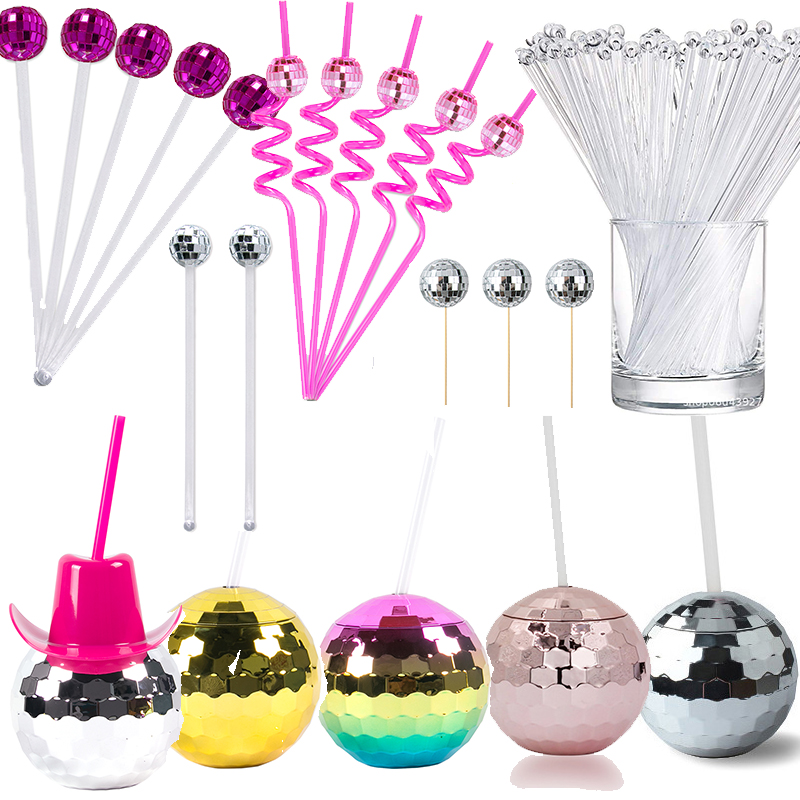 Disco Party Balls Drinking Cups Straws Cupcake Topper Cocktail Stirrers Retro Disco Themed Dance Party Birthday Party Supplies