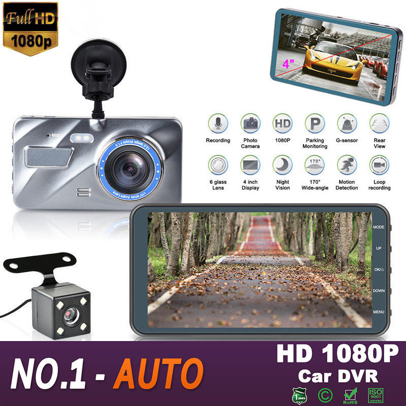 Dash Cam Dual Lens Car DVR Camera Full HD 1080P 4" IPS Front+Rear Blue Mirror Night Vision Video Recorder Parking Monitor
