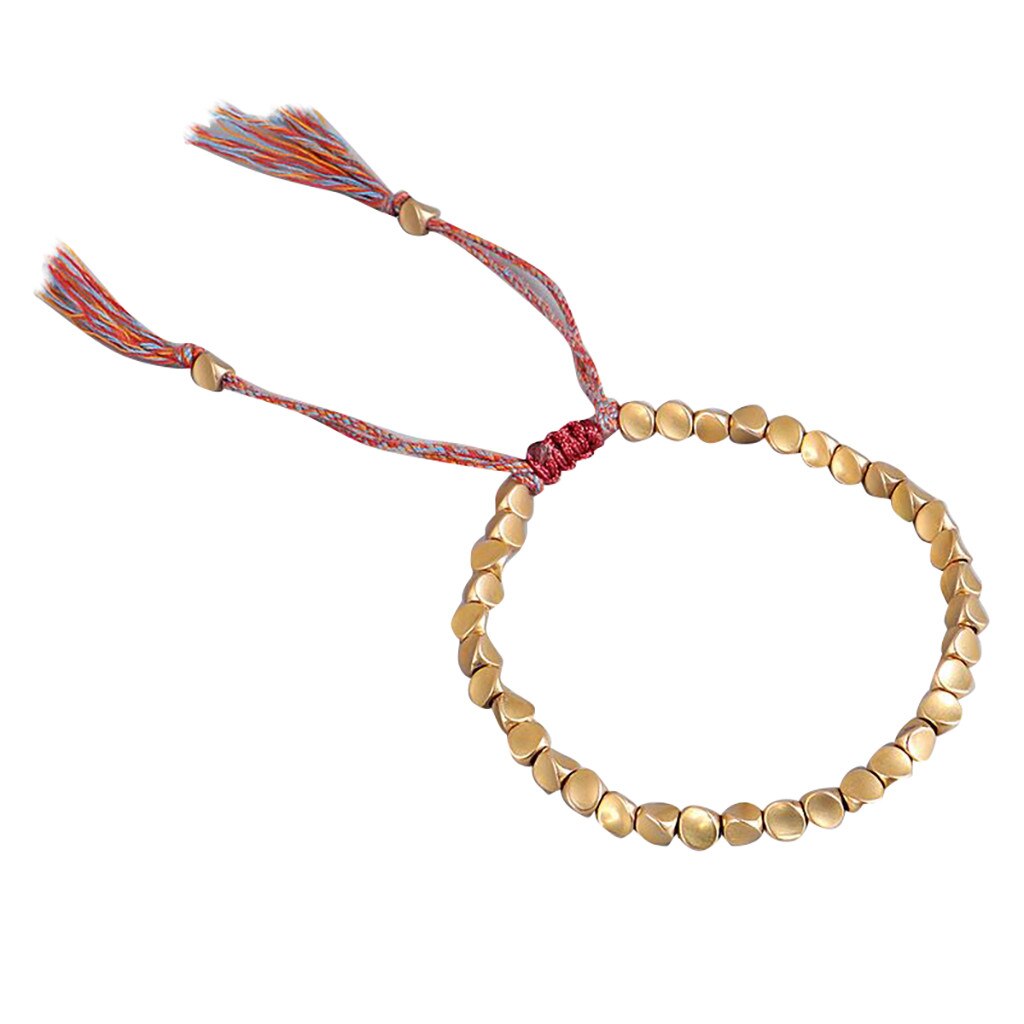 Handmade Tibetan Copper Bead Rope Bracelet & Bangles Unisex Wax Thread Bracelets Matte Gold Color Copper Beads Bracelet