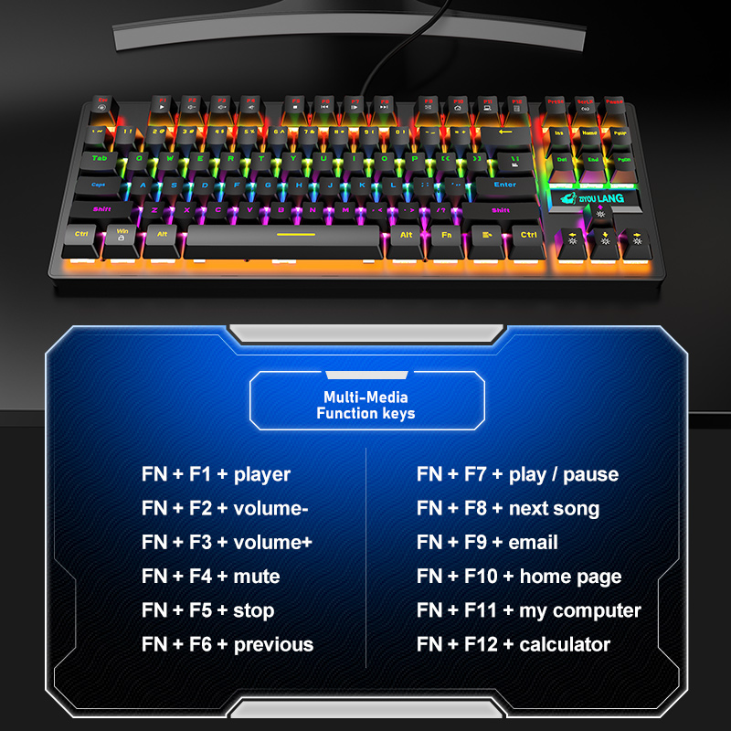 Colorful Backlit Gaming Mechanical Keyboard 87Keys Blue Switch Rainbow Backlight Game Wired Keyboard for Office Laptop PC Gamer