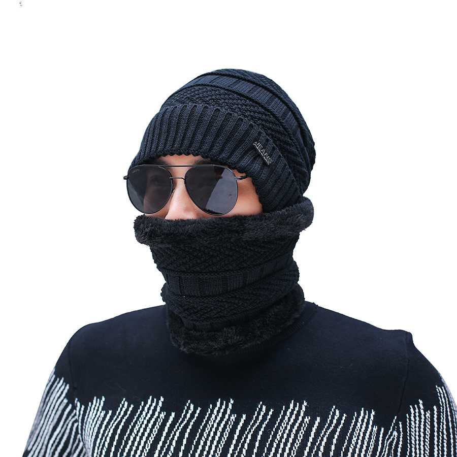Gorro de invierno para hombre, bufanda estilo coreano, gorro de lana tejido para invierno, conjunto de gorro y bufanda para ciclismo al aire libre: Black