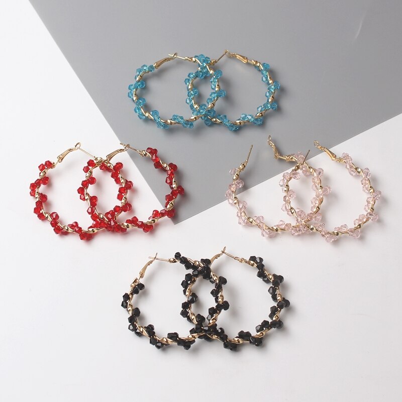 Charm Acryl Kristal Kralen Hoepel Oorbellen Voor Vrouwen Shiny Cirkel Grote Brincos Rood Roze Kleur Bohemian Bruiloft Sieraden