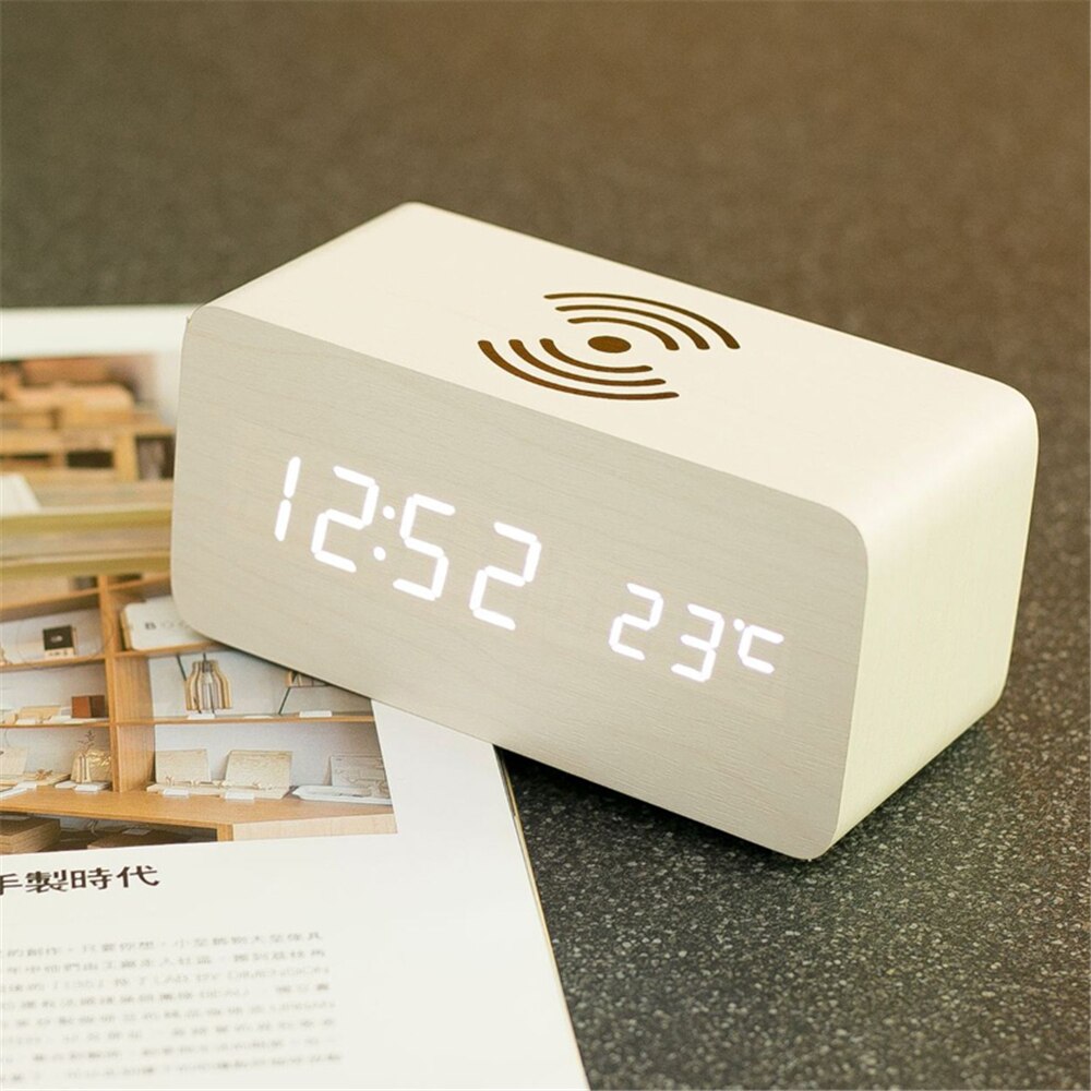 Holz Digital LED Wecker Mit QI Drahtlose Ladegerät Tisch Uhr Temperatur Luminova Kalender Schwarz Schreibtisch Uhren: Weiß