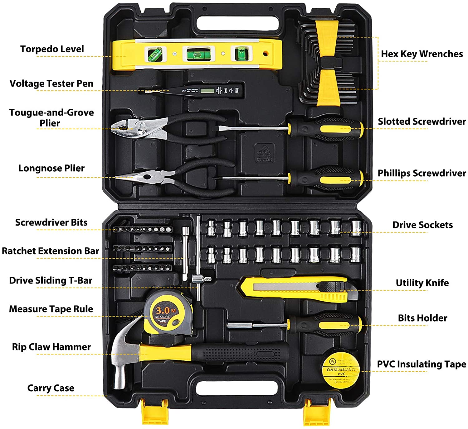 78 Piece Household Tool Set Box Including Screwdrivers SetSockets, Clamp Hammer, Tester Pen and Most Reached