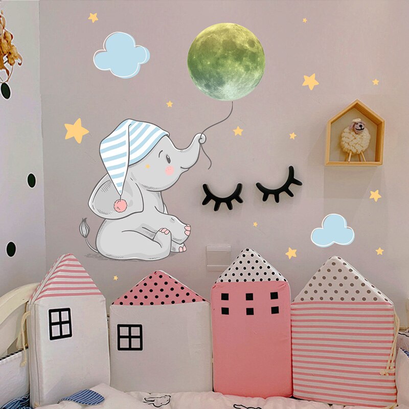 Baby Elephant Luminous Wall Sticker Home Decoration Accessories Kawaii Room Decor Wallpaper Glow In The Night Bedroom Decals