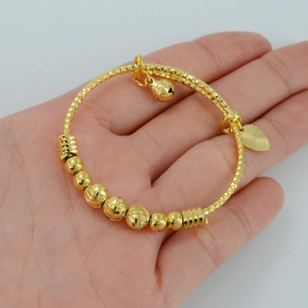 Anniyo Newest Small Charm Bangle for Kids/Girls Gold Color Beads Bracelet Mini Bell/Heart Jewelry Child Party #047702