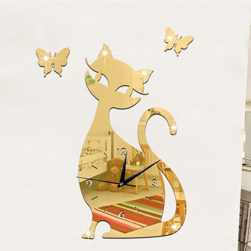 Acrylic Mirror Wall Clock Cartoon Cat Pointer Clock Watch Office Living Room Wall Mounted Clocks Decoration часы настенные