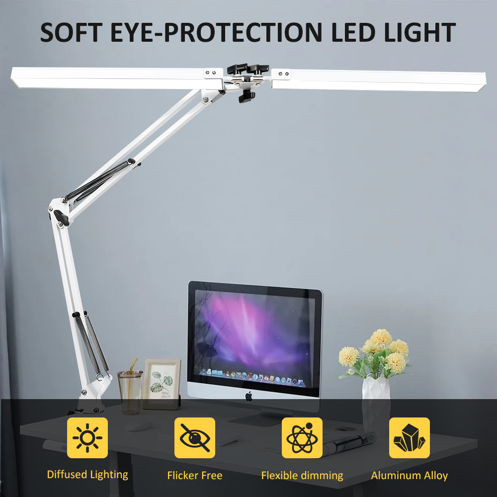 Lâmpada de mesa LED 2 em 1 24W mais brilhante com lâmpada de mesa com braçadeira braço oscilante flexível 3 modos de cor Stepless regulável cabeça dupla