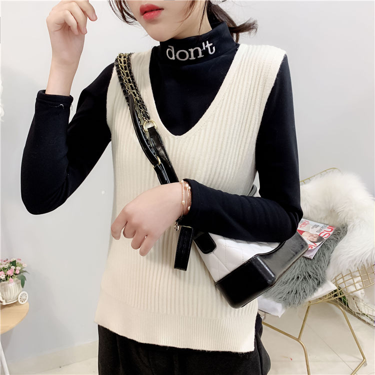 Strikket vest med v-hals, koreansk stil ensfarvet vest til kvinder løs vest stribet slim sweater frakke