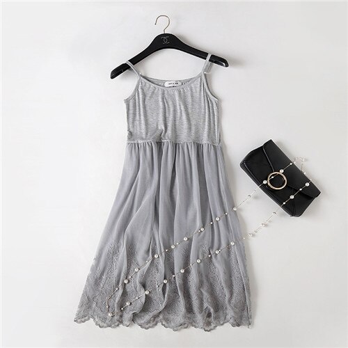 Summer medium-long spaghetti strap lace one-piece full slip female modal loose plus size sleeveless high waist basic underskirt: Gray