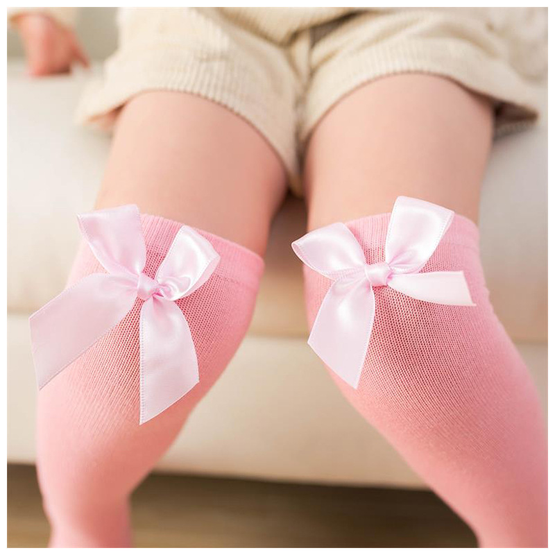 Medias hasta la rodilla para niños y niñas, medias rectas sin talón, color puro, con lazo encantador, medias hasta la rodilla