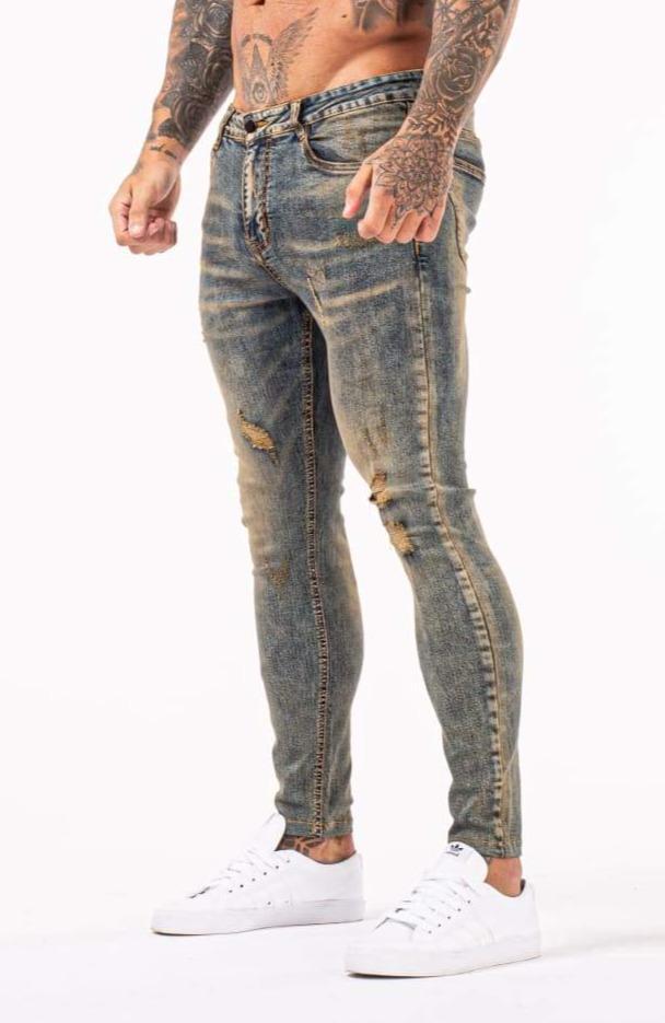 Retro Jeans Mannen Elastische Taille Skinny Jeans Mannen Stretch Ripped Broek Streetwear Heren Denim Jeans Blauw