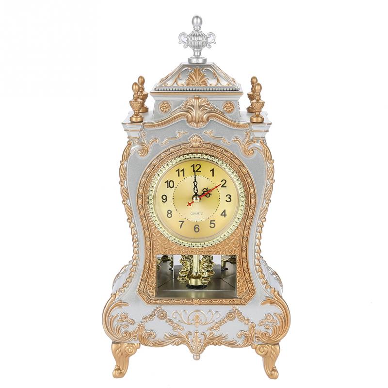 European Desk Clock Antique Vintage Clock Living Room Decoration Desk Clock Mute Sweep Stopwatch 12 Music Time Home Clock: Silver