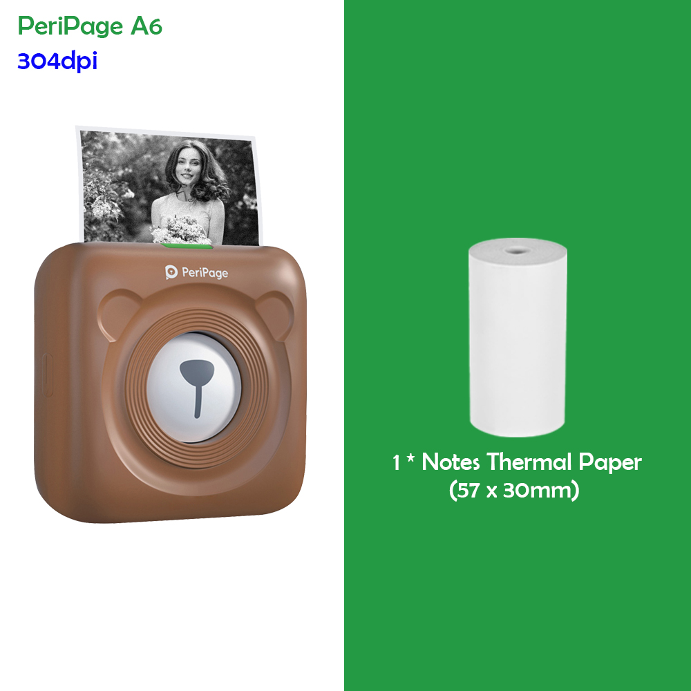 PeriPage A6 Mini Pocket Printer 304DPI Wireless BT Thermal Printer Picture Photo Label Memo Notes Journal Receipt Paper Printer: Brown