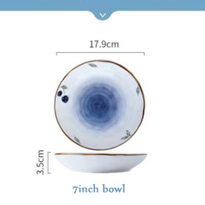 Home Gold Edge Blueberry Ceramic Tableware Heatable Oven Plate Soup Bowl Food Plate For Bread Noodles Salad Bakeware: 7inch deep plate