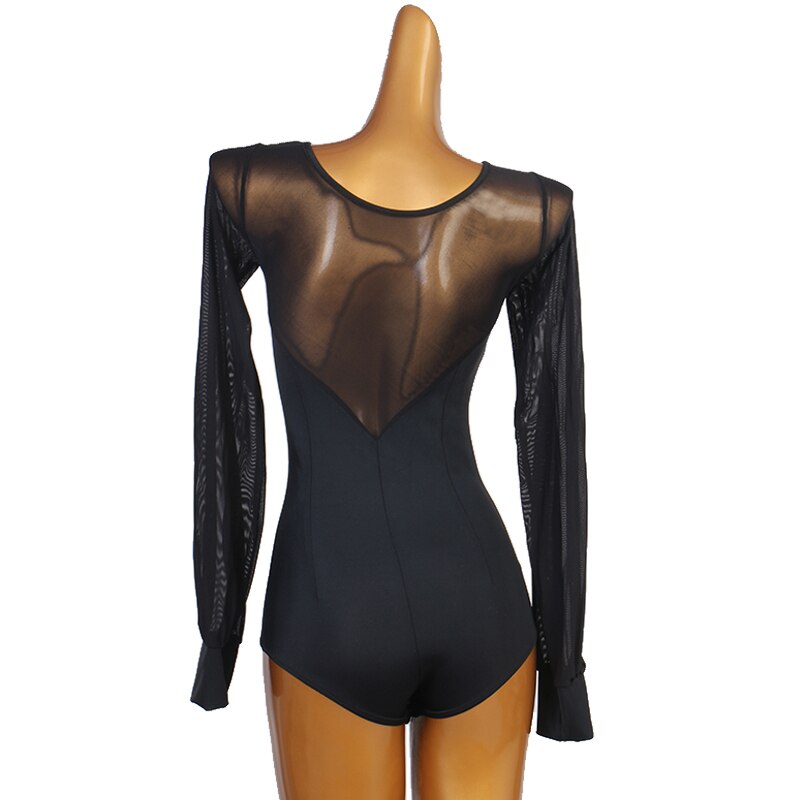 Body negro para baile latino, Tops de manga larga, traje de baile de salón con espalda de malla Sexy, ropa de práctica Social femenina