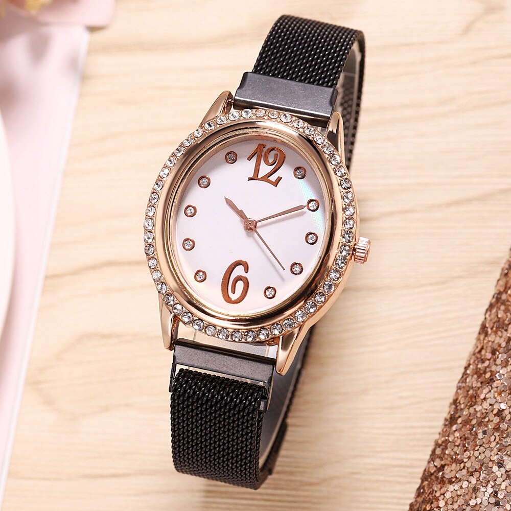 Horloge Vrouwen Luxe Diamond Quartz Horloges Voor Dames Magnetische Elegante Vrouwelijke Klok Eenvoudige Vrouwen Horloges Montre Femme: Zwart