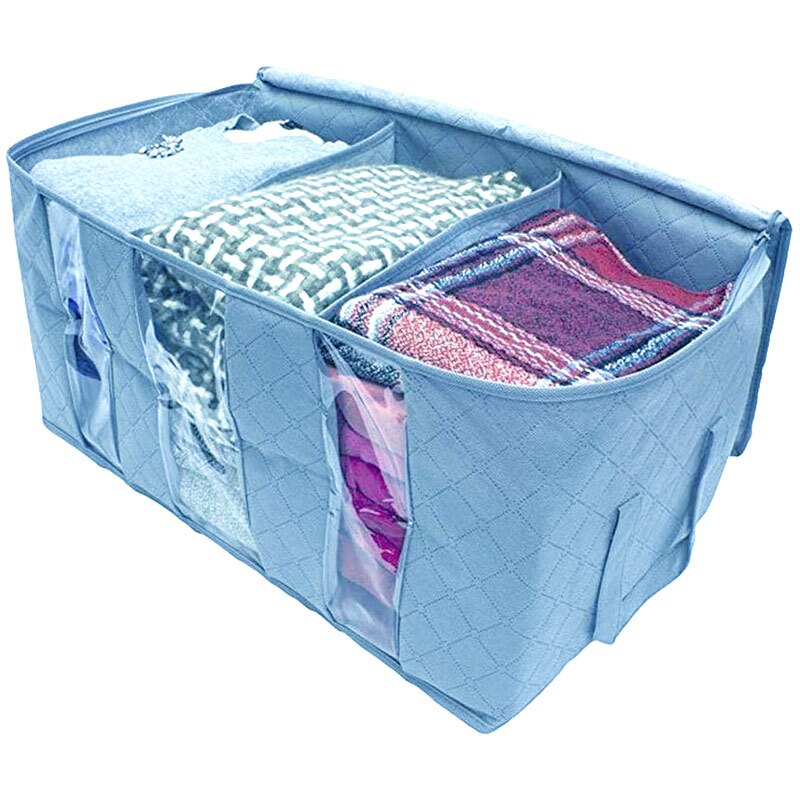 65L Foldable Blanket Storage Bag Clothes Closet Organizer with Clear Window BJStore: Blue