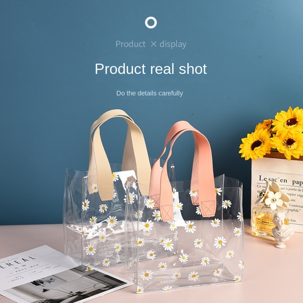Transparent Klar Toteväska PVC Handtag Transparent Shoppingväskor Liten Daisy Handväska