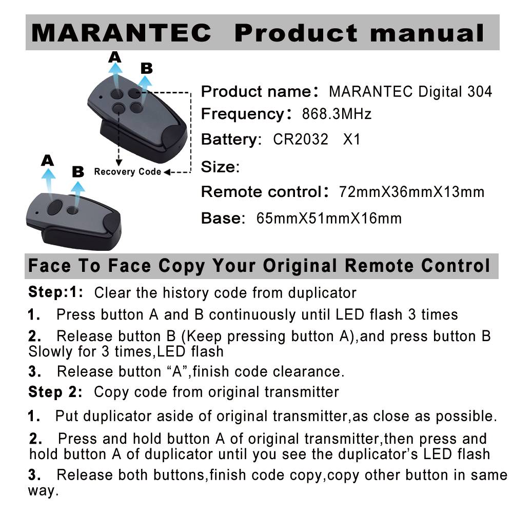 MARANTEC Control remoto piloto 868,3 MHz clon Marantec Digital 302 304 382 384 313 321 312 868 MHz abridor de puerta de garaje