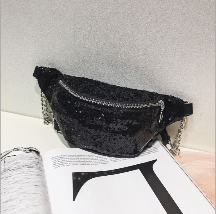 Brand glitter paillet kvinder bæltetaske fanny pack rejse talje taske bælte pose tegnebog: Sort