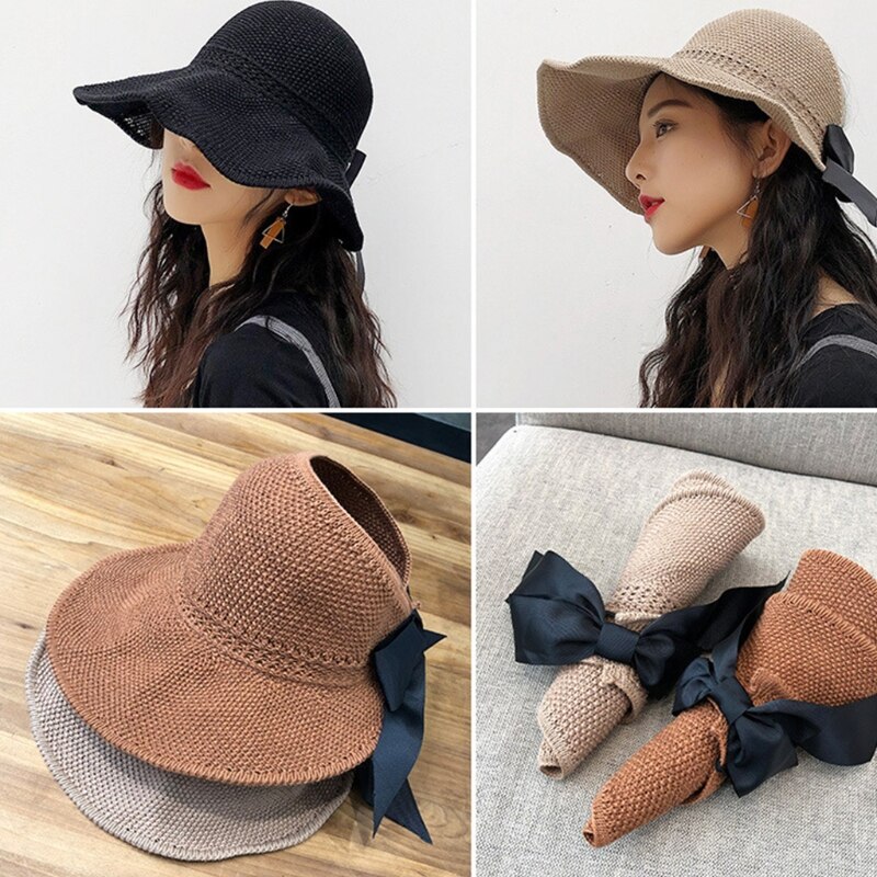 Visera de malla tejida para mujer, gorro de playa con lazo, Top abierto enrollable, ala ancha empaquetable, sombrero de protección solar UV de viaje para verano