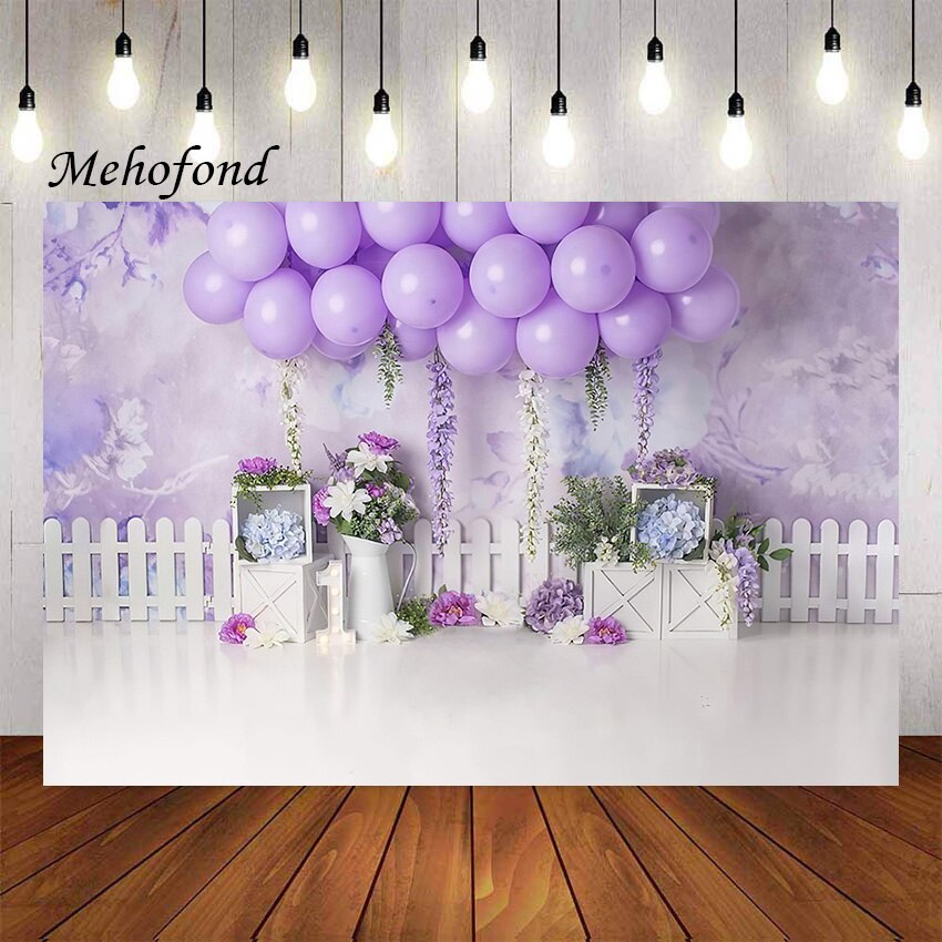 Mehofond Photography Background Purple Flowers Floral Garden Balloons Girl 1st Birthday Cake Smash Decor Backdrop Photo Studio
