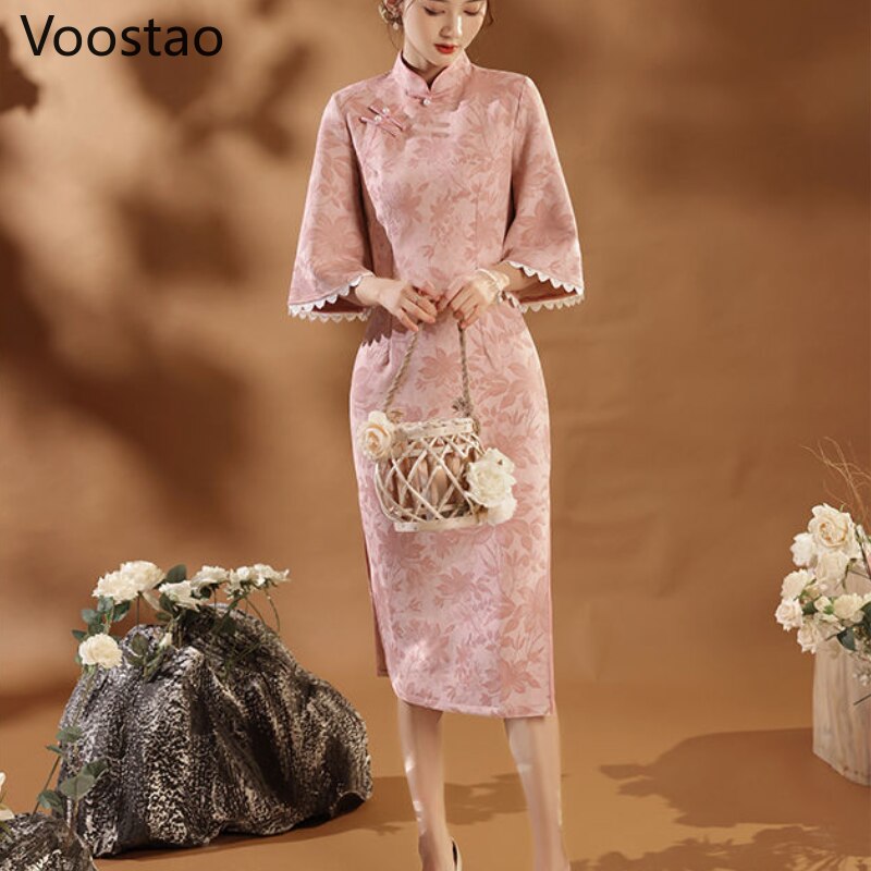 Chinese Cheongsam Qipao Dress, Vrouwen Slim Fit Floral Cheongsam Jurk Bloemenprint Zijsplit Sexy Qipao Jurk Formele Feestjurk(Black,XL