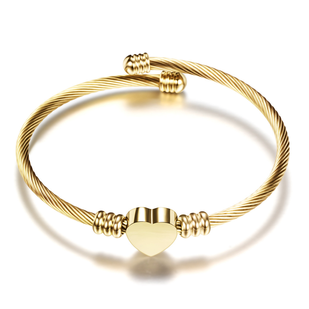 Stainless Steel Bangle For Women Heart Seal Accessories Adjustable Size: Gold-color