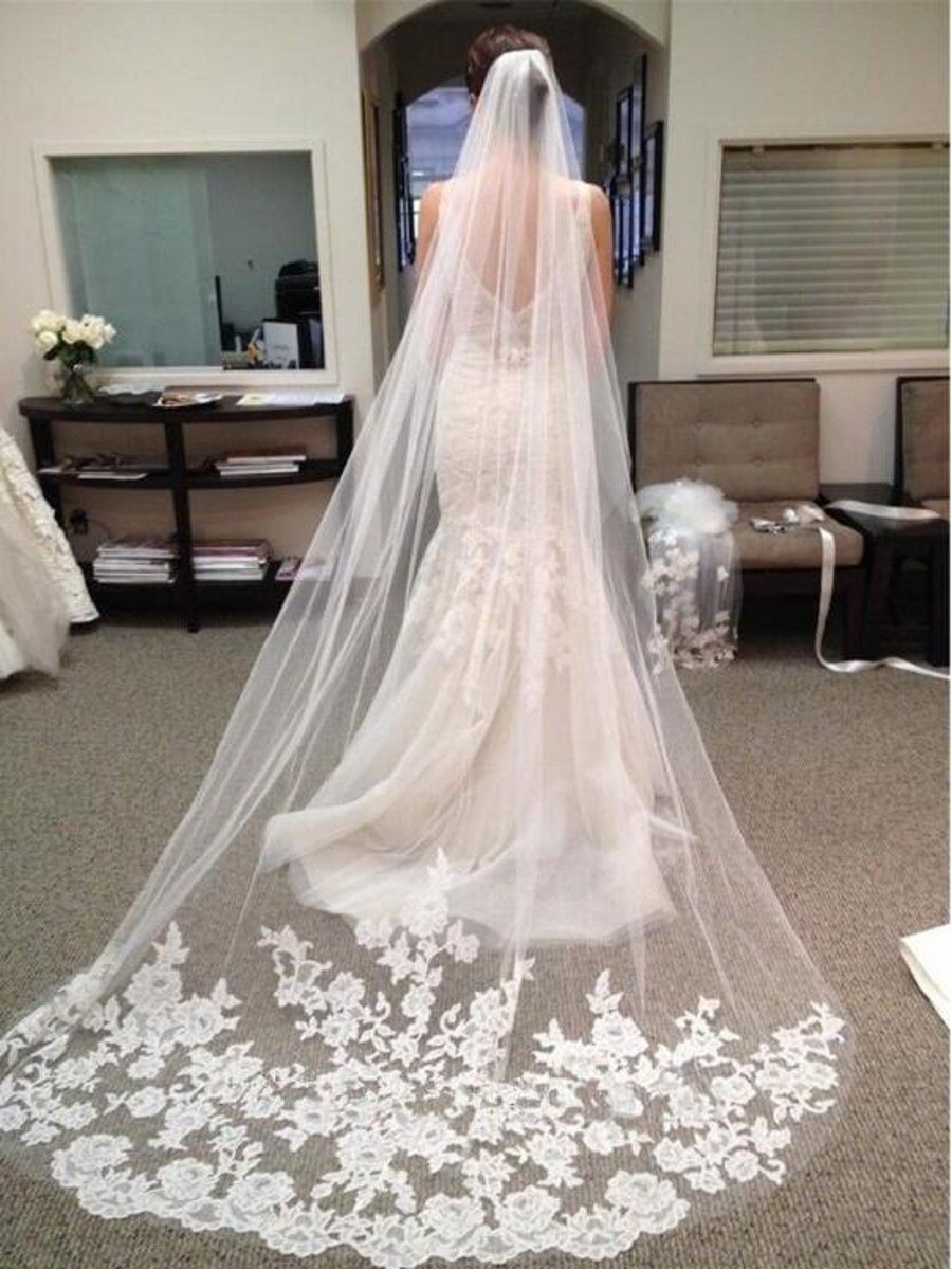 Long Lace Appliques Wedding Veil White Ivory Cathedral 1 Layer Bridal Veil 3.5 Meters Bride Veil Wedding Accessories main image 0