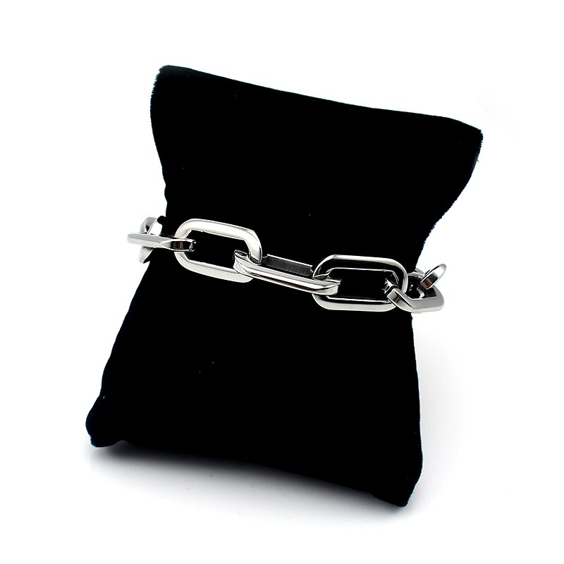 Pulsera de cadena de eslabones unisex, brazalete grueso de acero inoxidable redondeado, rectangular, color plateado, joyería de , cierre de langosta