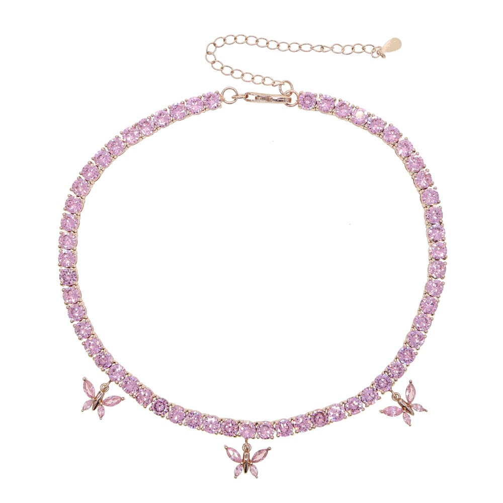 Pinky Pink Butterfly Necklaces Women Hiphop Bling Iced Out CZ Tennis Chain Cherry Chkoer Luxury Rose Gold Color Jewelry: Rose Gold Color