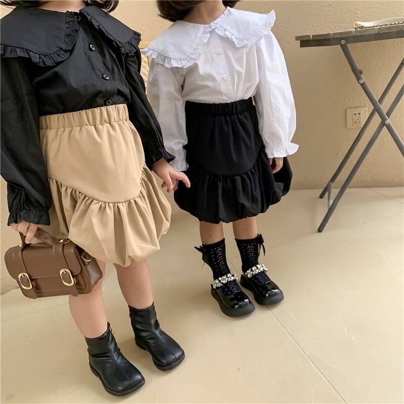 Jupe Style coréen pour petite fille, vêtement d&#39;automne, noir, kaki, taille élastique, volants, lanterne, citrouille, vêtements à la , , E218