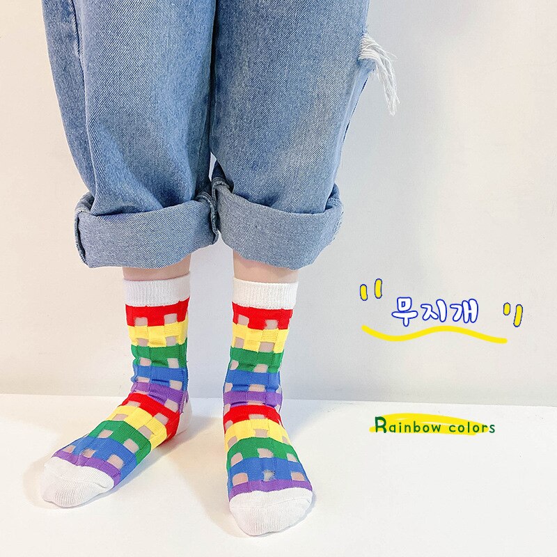 Calzini per bambini e ragazze autunno 1-8 anni calzini per bambini Plaid arcobaleno