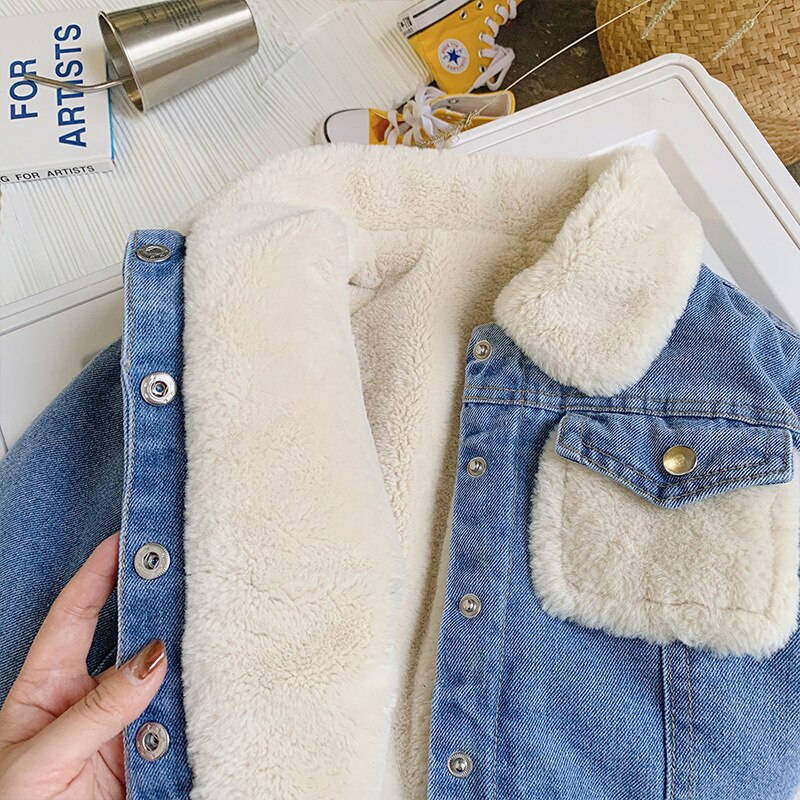 Baby Jungen Mädchen Dicke Warme Denim Jacke Winter Turndown Kragen Tasche Fleece Futter Kinder Herbst Kleidung Oberbekleidung Tops