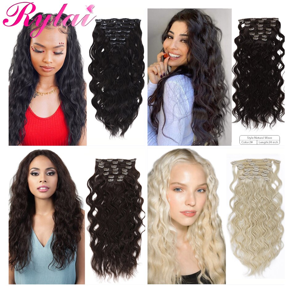 Long Kinky Curly Straight Clip In Hair Extensions Deep Natural Wave 140G 7Pcs/Lot Full Head Clip On Synthetic Hair By RYLAI