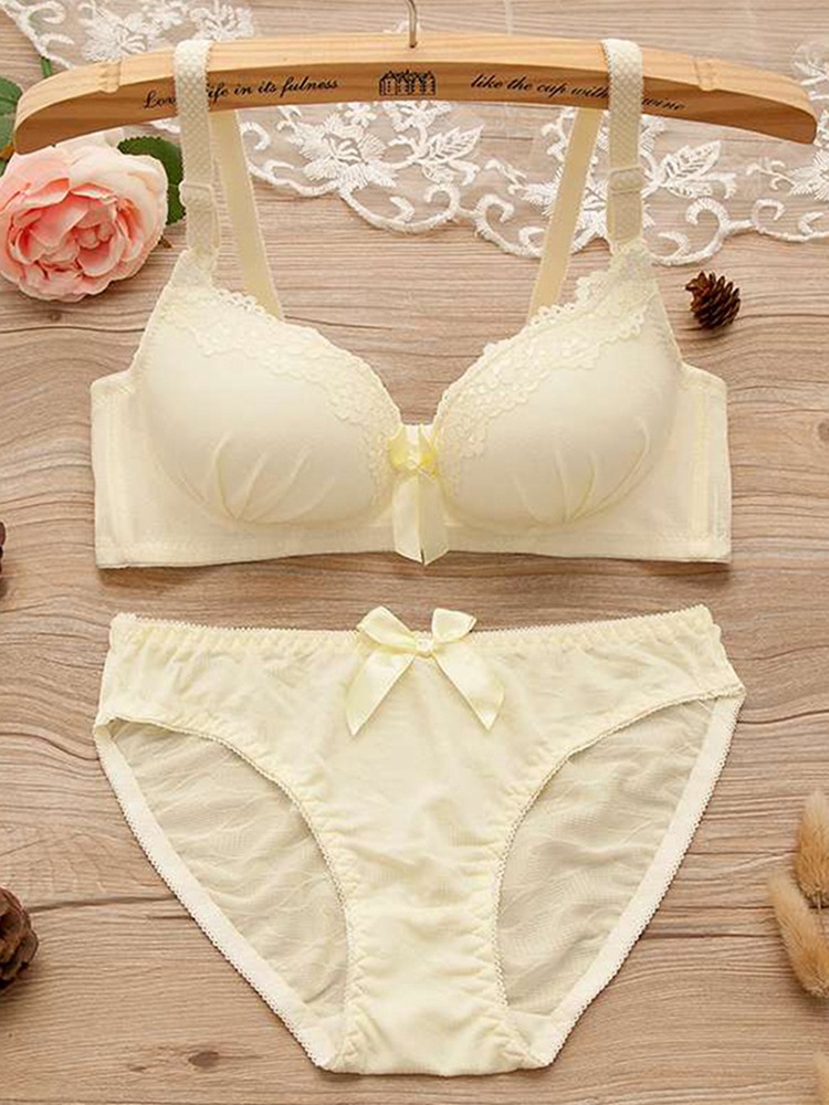 B Women Lace Padded Push Up No Steel Ring Small Chest Gathered Back Closure Adjustment Bow Adjusted-straps Bra Briefs Set