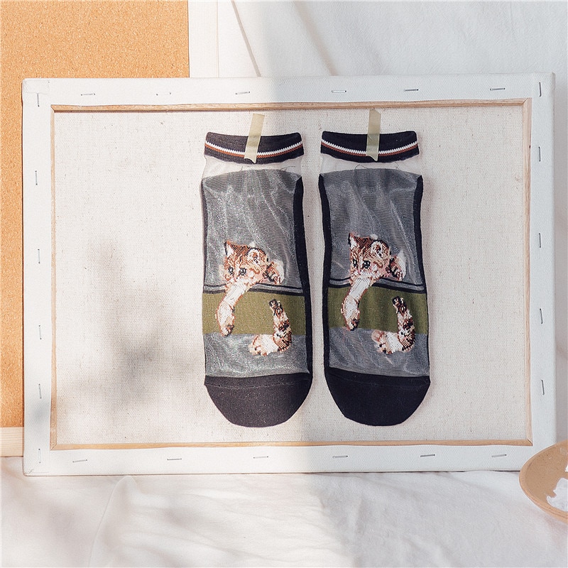 Damessokken lente cartoon katten koreaanse stijl trendy dunne zomer casual enkelsokken bedrukte vrouwelijke grappige sokken: Zwart