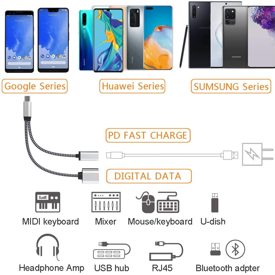 Usb c otg kaapeli puhelinsovitin 2 in 1 tyyppi c uros usb c naaras latausportti usb naaras jakaja sovitin samsung google