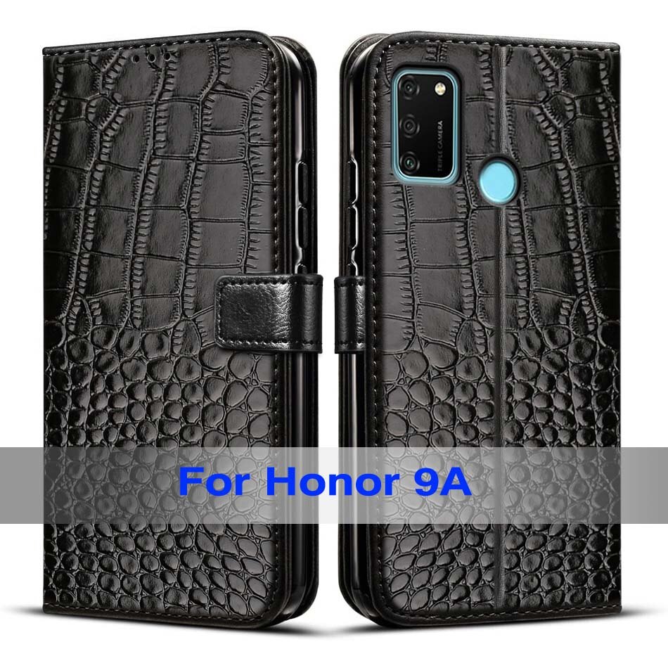 Coque à rabat en cuir pour Huawei Honor 9A, étui portefeuille magnétique: Black