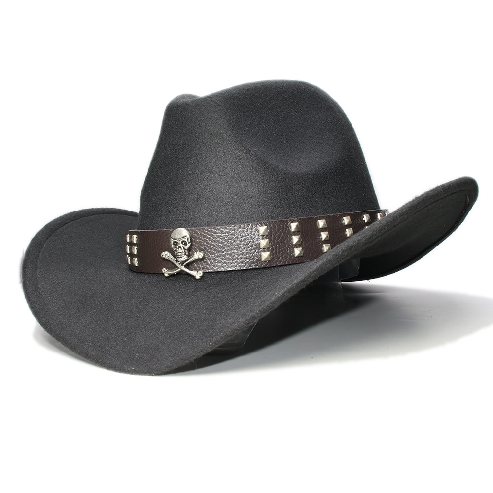 Sombrero de ala ancha de lana para niños, gorra de Fedora, banda de cuero con Calavera, Estilo Vintage Retro, vaquero, Occidental, ajustable, 54cm: Negro