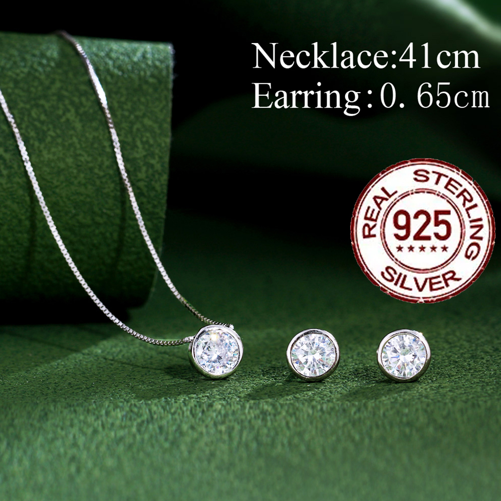 CWWZircons, conjunto de joyería de plata de ley 925 auténtica, circonita cúbica redonda brillante, collar Simple, pendientes para mujer, boda ST001