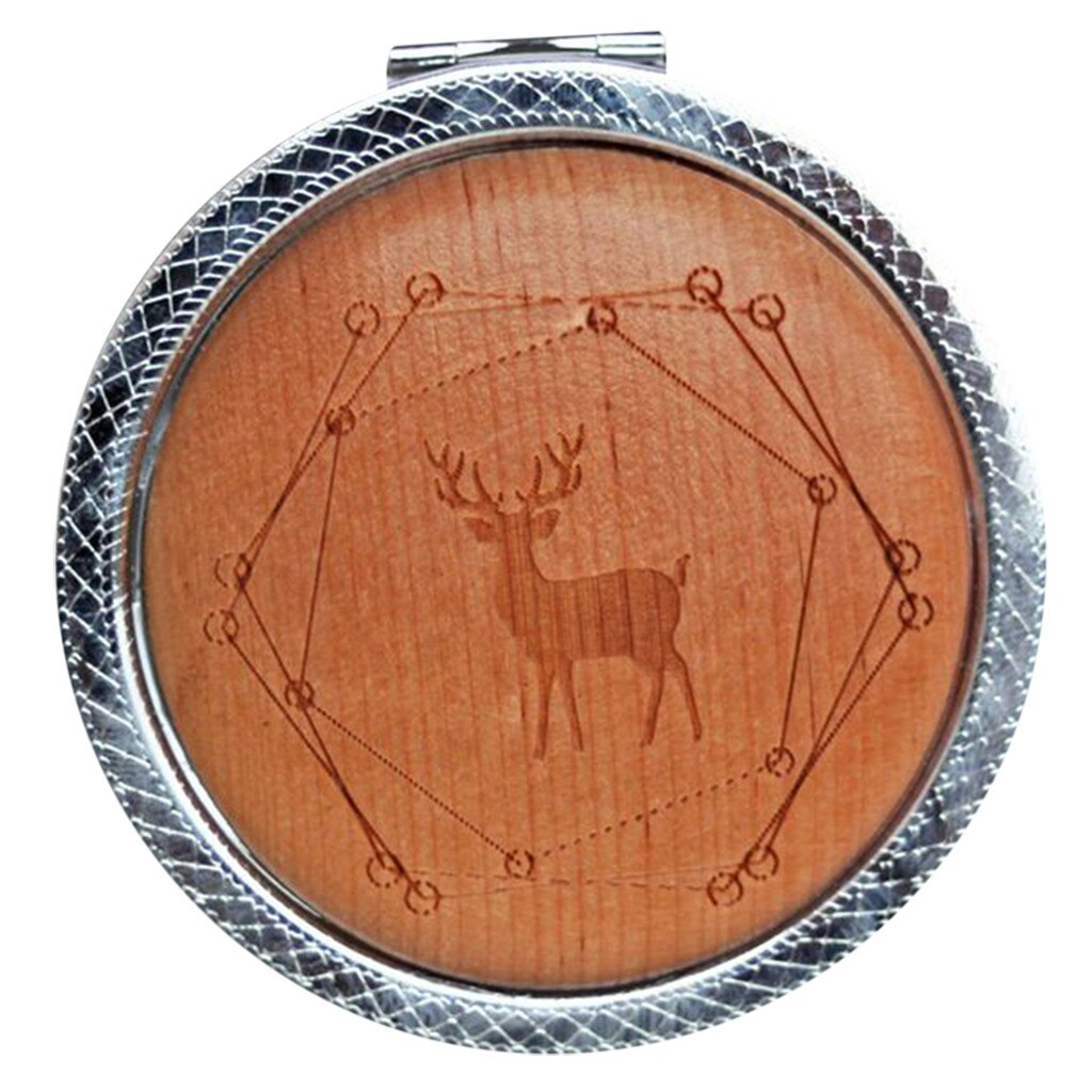 Wooden Retro Mini Mirror Metal Cartoon Printed Double-sided Folding Round Mirror: B